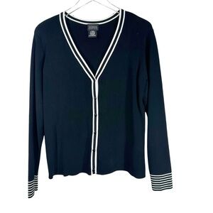 VINTAGE GEORGE Black V-Neck Button Down Cardigan White Trim Women's Vintage XL